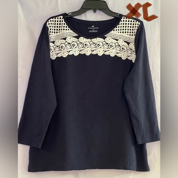 Talbots Tops - LADIES NAVY BLUE TOP WITH A WHITE CROCHETED NECKLINE
